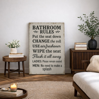 Bathroom Rules Typography Wall Decor Artwork, Bathroom Pictures, Framed Canvas Giclee Print Wall Art