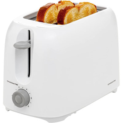 OVENTE Electric 2 Slice Toaster Machine with 6-Shade Browning Selector Setting, Compact Design and Removable Crumb Tray, 700W Power Perfect for Toasting Bread, Thin Bagels and Waffles, White TP2210WGY