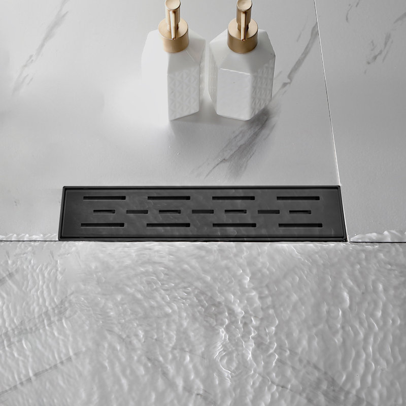 Matte Black Stainless Steel Rectangle Shower Floor Drain,12-Inch Linear Drain With Leveling Feet,Hair Strainer,Removable Bar Pattern Grate