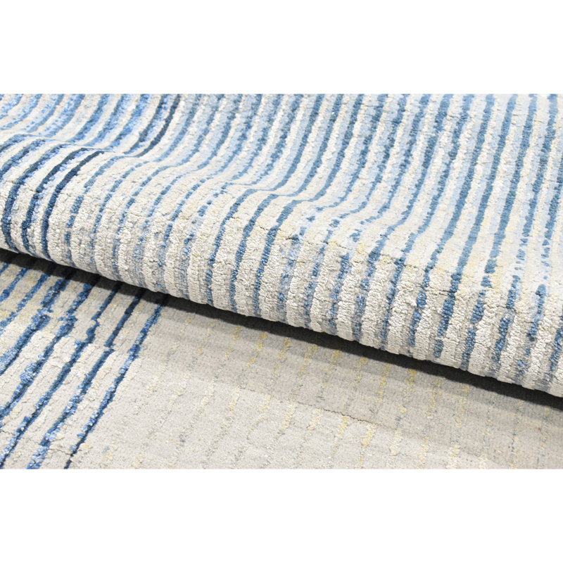 Hand Knotted Striped Area Rug in Silver/Blue, Rectangle 8' x 10'