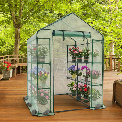 Serre extérieure de plain-pied, 141 x 143 x 200 cm, avec bâche en polyéthylène, 2 niveaux et 8 étagères, porte zippée enroulable, serre portative pour plantes de jardin.