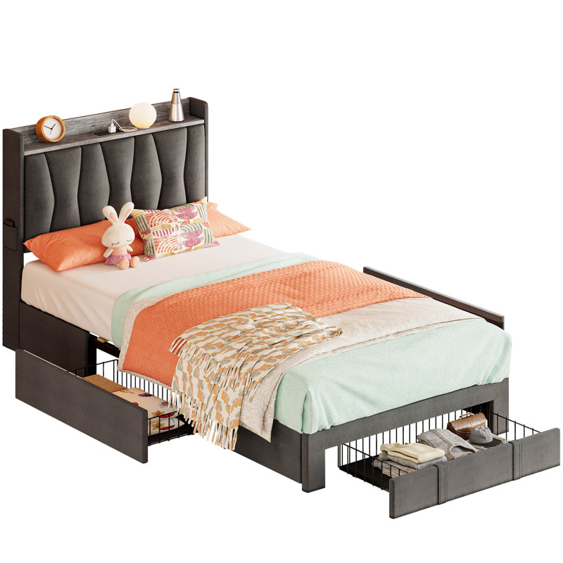 Gray Twin XL Upholstered Bed Frame with Storage Drawers and Headboard