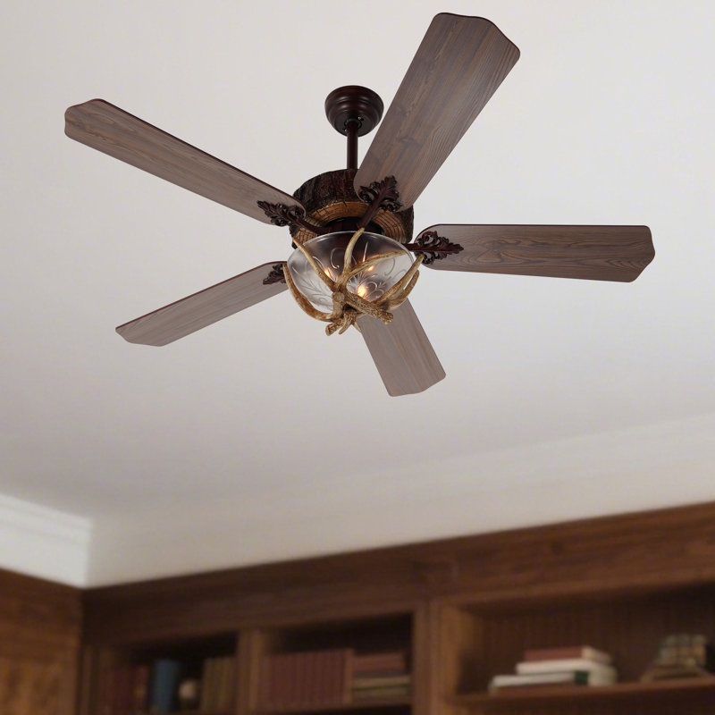 52'' Wood Grain Ceiling Fan With Glass Light Shade & Remote
