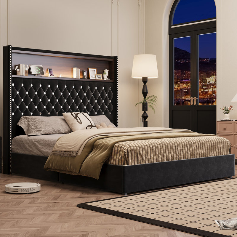 Structure de lit moelleuse en velours avec port USB et veilleuse, tête de lit haute 52 po avec rivets, lit plateforme à oreilles avec tablette de tête de lit