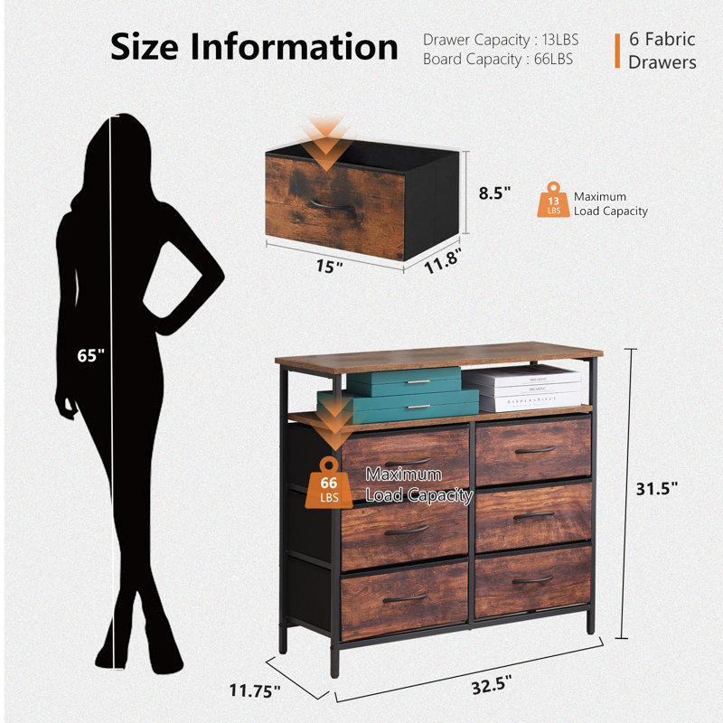 Commode avec 6 tiroirs en tissu, grande commode pour la chambre à coucher, grande commode en tissu pour le salon