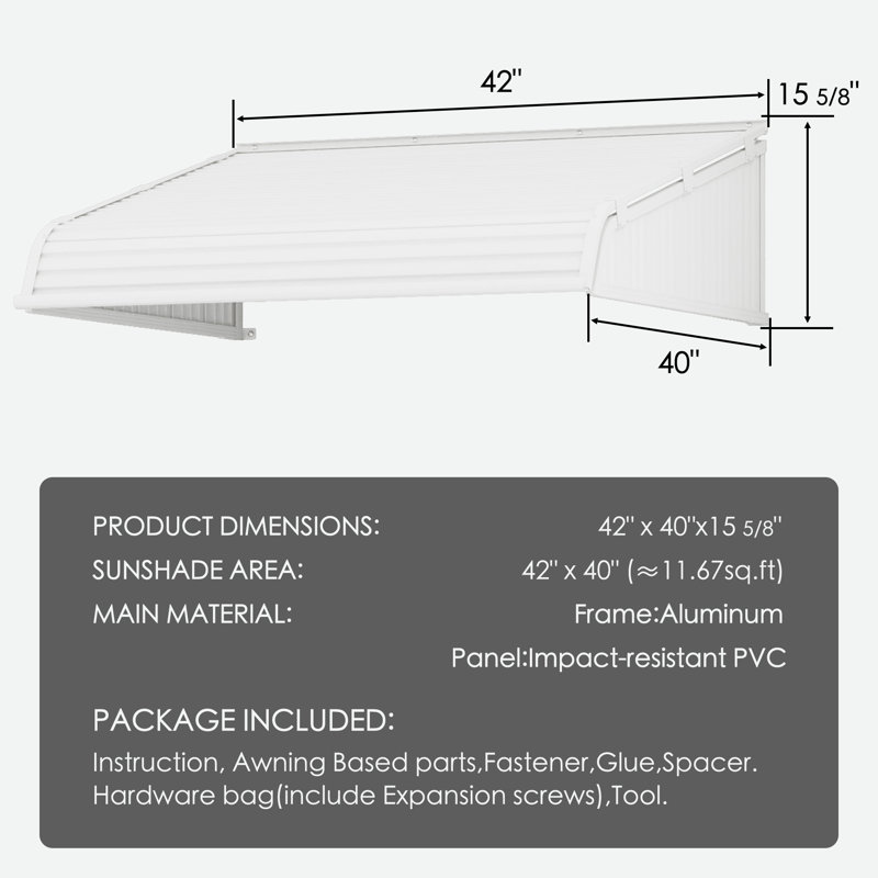 Kozyard Window Awning W42'' x D40'' with 2Sidewings, Aluminum Frame with Impact-Resistant PVC Panels, Shade Angle Set During Installation, Rain, Snow & UV Protection Door Canopy