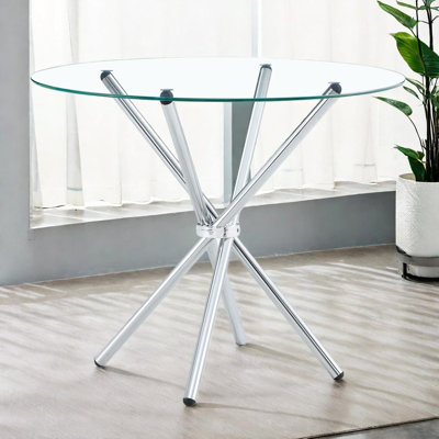 Round Glass Dining Table with Metal Cross-Leg Base for 4 People, 36.6 Inch Modern Kitchen Table
