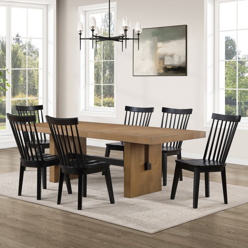 Aubrey Extendable Dining Set With Solid Wood Chairs, 7 Pieces: Table, 6 Chairs, Brown