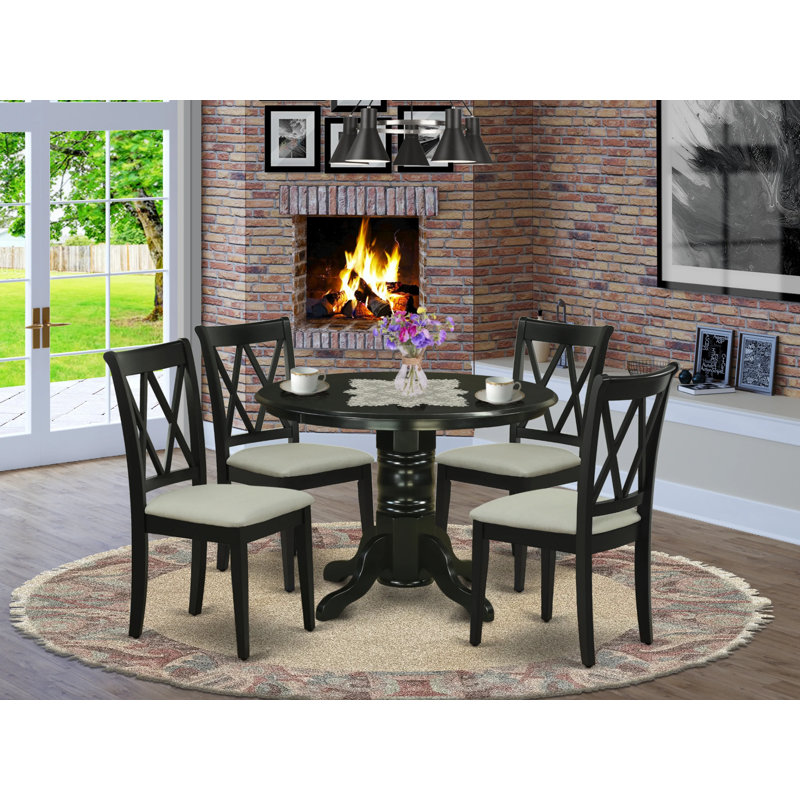 5 Piece Dinette Set for 4 Includes a Round Kitchen Table with Pedestal and 4 Linen Fabric Kitchen Dining Chairs, Black, Black