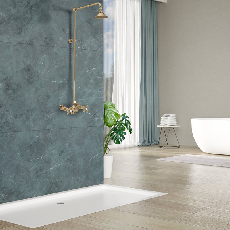 Outdoor Exposed Shower System 36" Wall Mounted Set and Cross Handles, Unlacquered Raw Brass