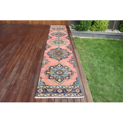 Tapis turc bohémien tissé à la main de style rétro en rose pastel et bleu pour les couloirs et la maison