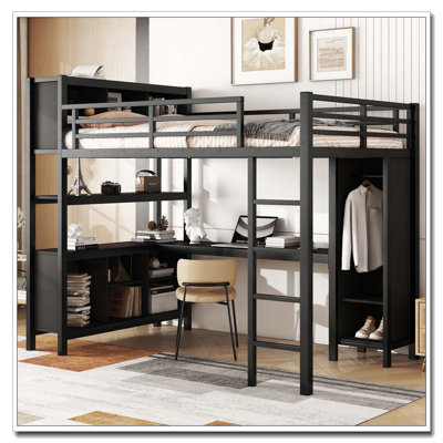 Loft Bed with Wardrobe, L-shaped Desk, Storage Cubes and Shelves