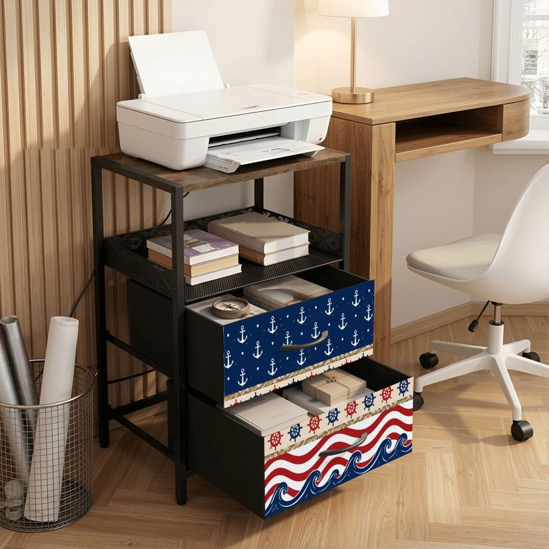Table de chevet 2 tiroirs avec station de charge, table de chevet pour chambre à coucher avec ports USB, tablette ouverte noire, table de chevet avec ancres à thème nautique