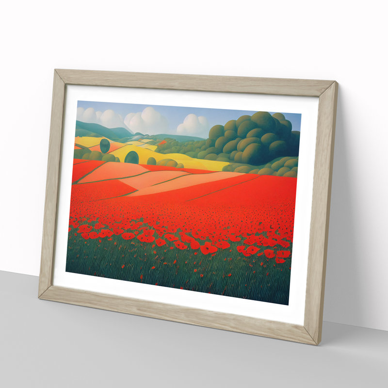 Awesome Poppy Field Flowers - Framed Print, 25cm H x 34cm W x 2cm D, Oak
