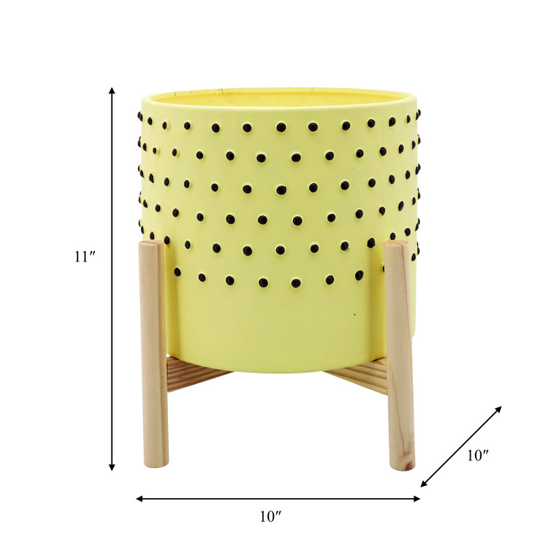 Stoneware Ceramic Planter Set with Wood Stands Contemporary Design Indoor Outdoor Decorative Containers Set of 3, Yellow