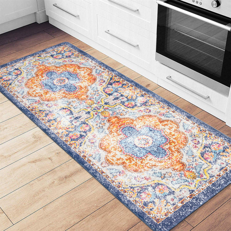 Distressed Vintage Standing Anti-Fatigue Ivory/Orange/Navy Mat, Rectangle 1'6" x 3'11''