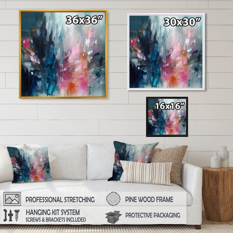 «Delvontae Blue and Pink Explosion Abstract», art mural abstrait, H 30 po x l 30 po, Reproduction avec cadre flottant, Doré