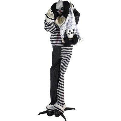 Life-Size Animatronic Scary Talking Clown With Doll, Motion, Touch Activated Lights, And Sounds, Indoor Or Covered Outdoor Halloween Decorations, Batt -  The Holiday AisleÂ®, 16D8505644E8415DB2254E6CAF9766F0