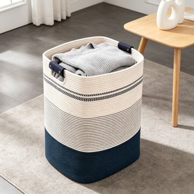 Cotton Woven Laundry Hamper, Tall Laundry Basket with Leather Handles, Rectangle Clothes Organizer for Bedroom, Nursery, Living Room