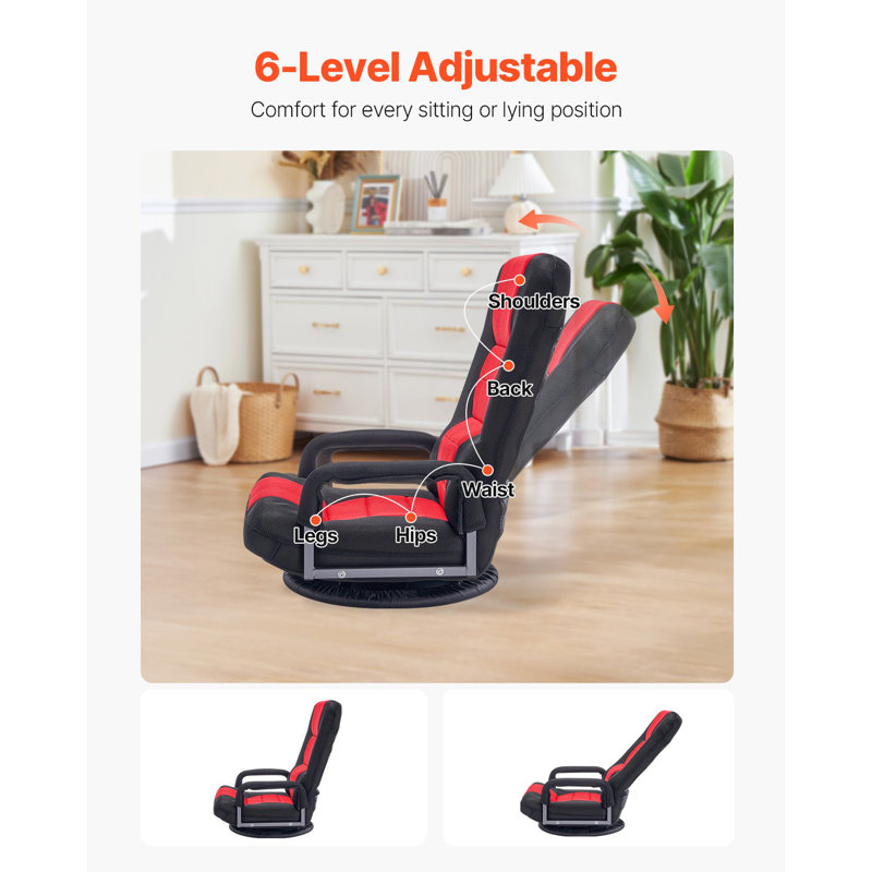 Chaise de jeu pivotante avec accoudoirs, chaise de plancher rotative à 360 degrés avec dossier pliable à 6 positions réglables et support lombaire, canapé vidéo inclinable pliable pour lire la télévision, rouge noir