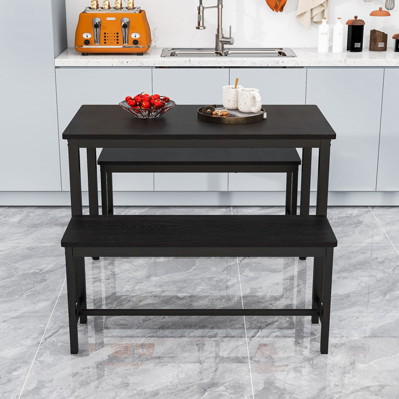 Compact 3-Piece Dining Table Set for 4 – Stowable Benches for Small Spaces, Black
