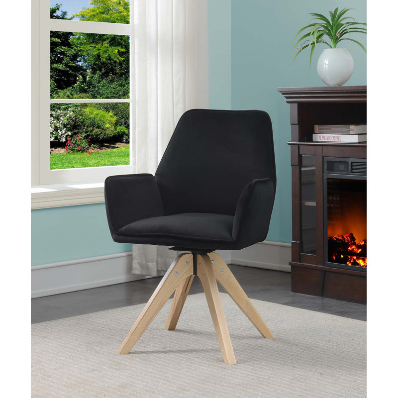 Rehaan 24" Wide Swivel Armchair with Natural Wood Legs, Black Velvet
