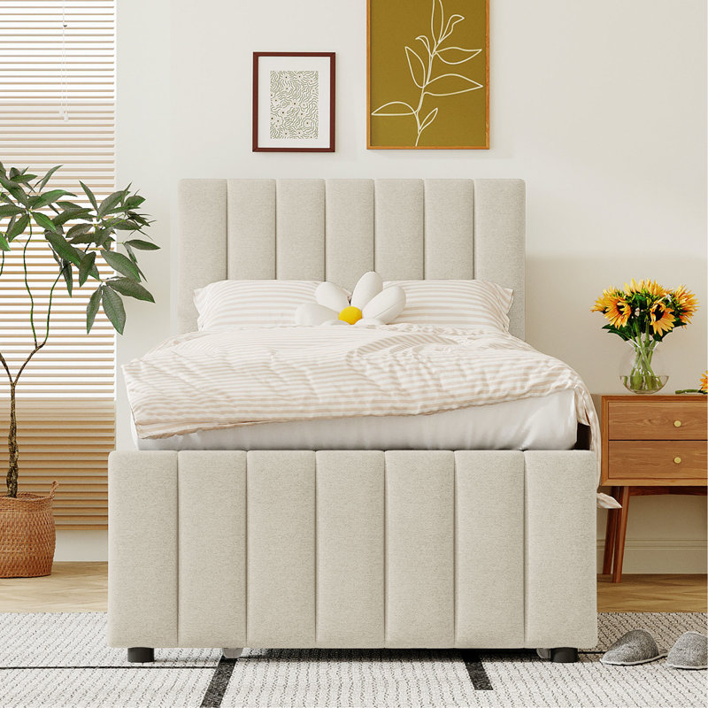 Lit simple rembourré avec lit gigogne et 3 tiroirs plateforme, aspect lin beige