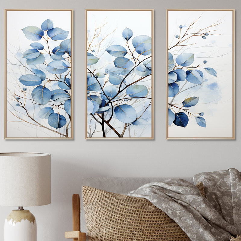 «Blue On», Leaves on Branch III - feuilles, ensemble d'art sur toile, H 28 po x l 36 po x P 1 po, Cadre flottant en érable