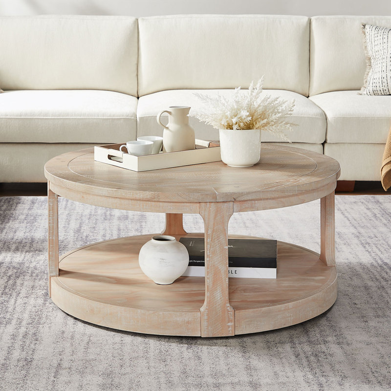 2 Tier Traditional Round Coffee Table with Wheels, Natural