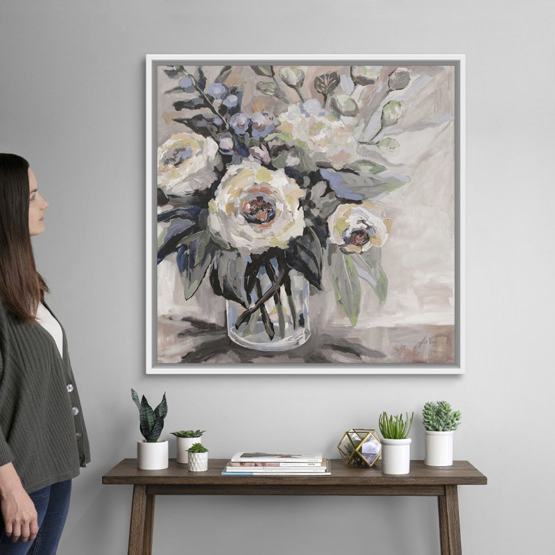«Delighted Greige» par Jeanette Vertentes - reproduction d'art sur toile, H 38 po x l 38 po x P 1,75 po, Cadre flottant blanc