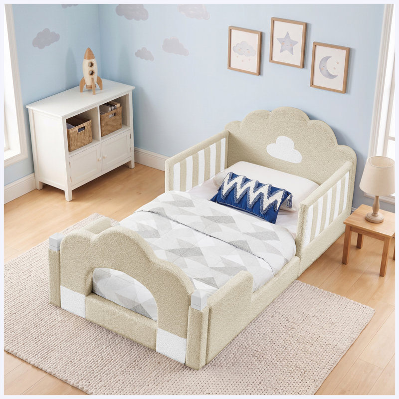 Lit double infonuagique avec barrière de sécurité, cadre en bois massif, tissu bouclé, rose, Chameau
