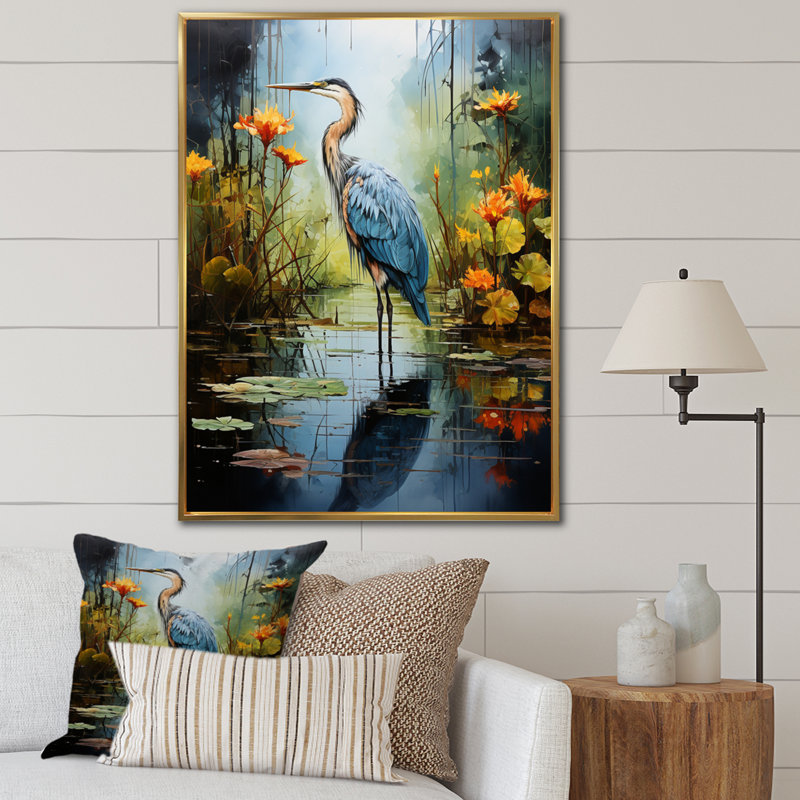 Décoration murale Lason Heron Silent Waters Pointillism I - Heron, H 32 po x l 24 po x P 1 po, Cadre flottant doré