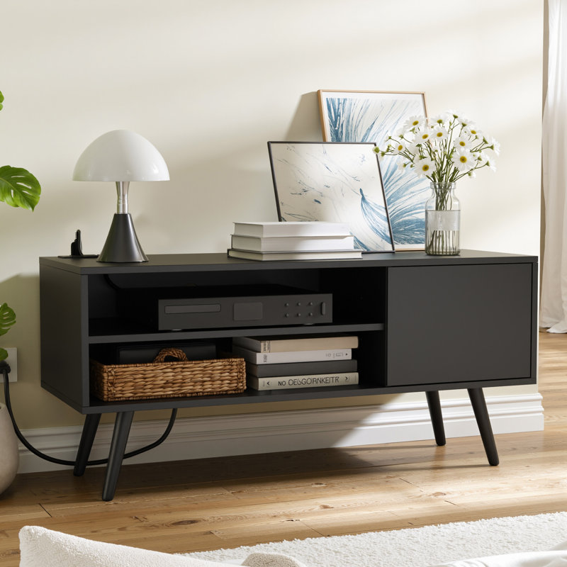 Black Tv Stand For Tvs Up To 48'', Entertainment Center With Charging Station, Shelves & Cabinet, Modern Media Tv Console For Living Room, Bedroom