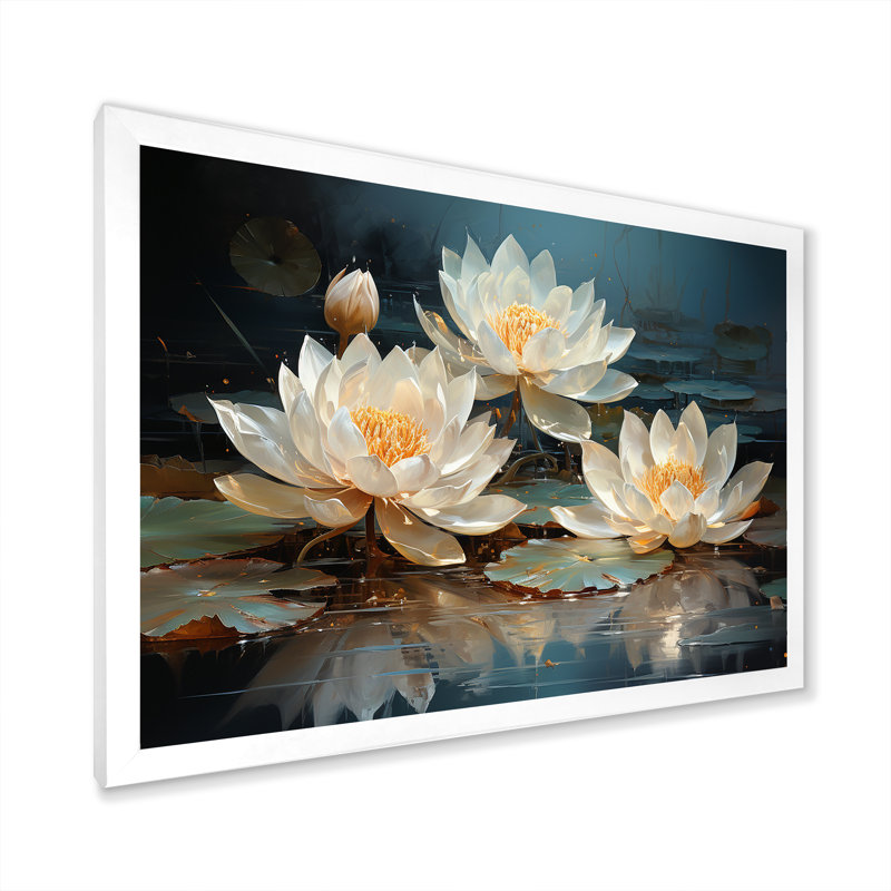 Fleurs de lotus baignées au clair de lune - Art sur toile de lotus, Cadre simple blanc, H 30 po x l 40 po x P 1,5 po
