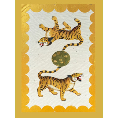 Rio Collection Yellow-Themed Two Tiger Detailed Woven Base Modern Decorative Rug