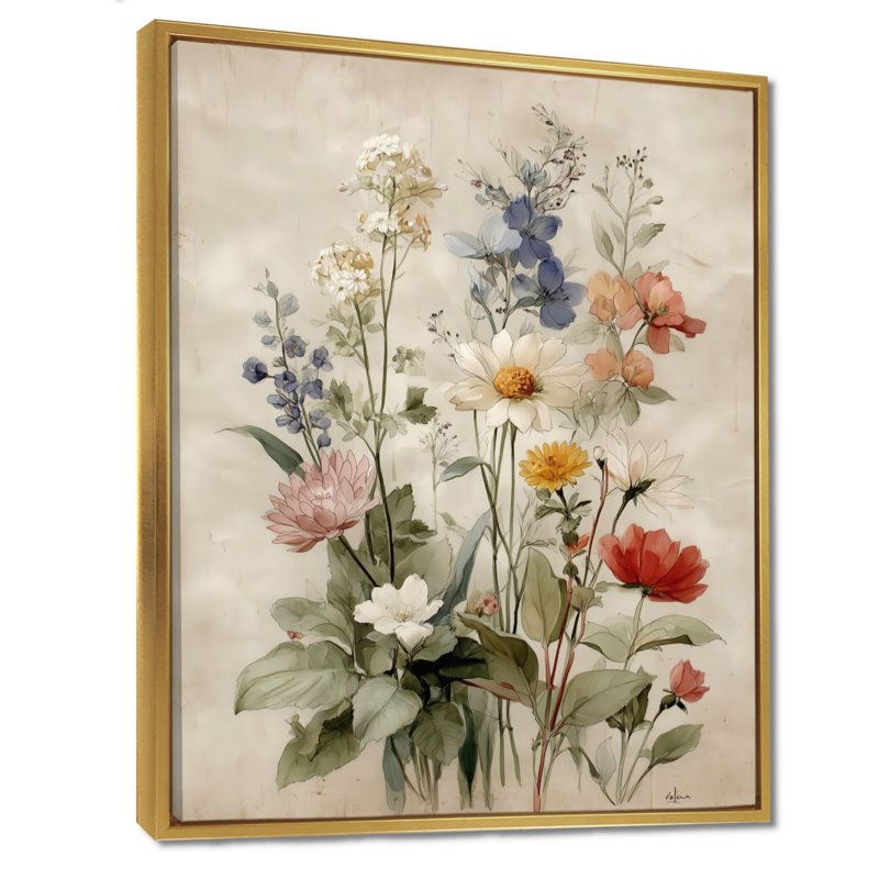 Art rétro sur toile, fleurs sauvages, H 20 po x l 12 po, Cadre flottant, Doré