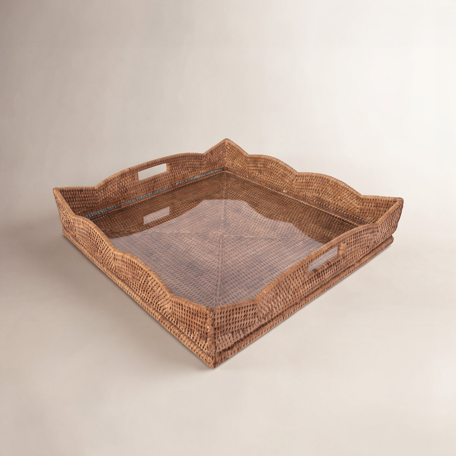 Landry Handmade Rattan Decorative Tray, Honey Brown, 4.5" H x 20" W x 24" D, With Glass