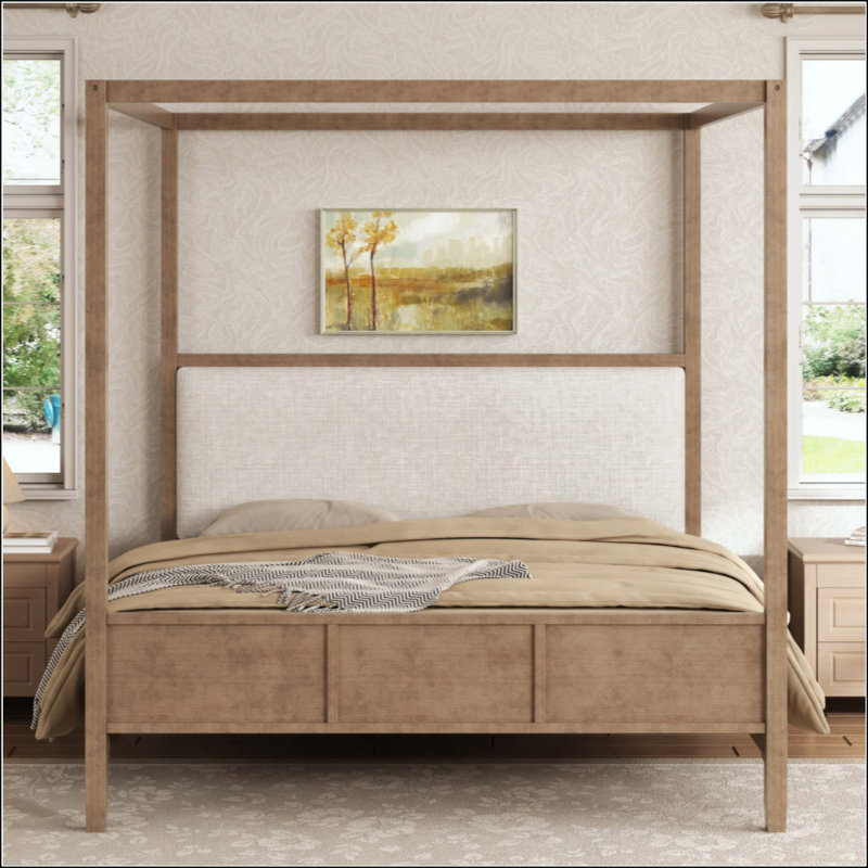 Lit plateforme à baldaquin en bois avec tête de lit tapissier, aucun sommier nécessaire, King, Black