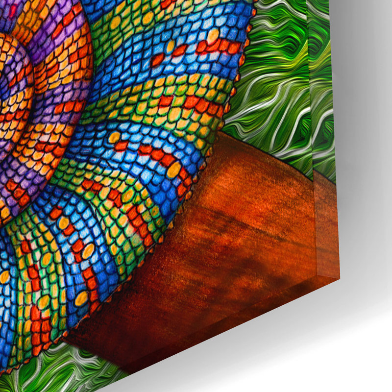 Art mural en verre acrylique épique «Caméléon panthère avec fond» par Tim Jeffs, 16 po x 12 po
