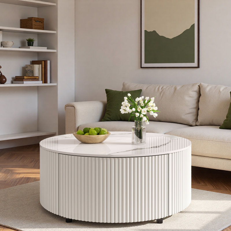Table basse moderne et mobile avec roulettes, 2 tiroirs et plateau en marbre fritté, Blanc
