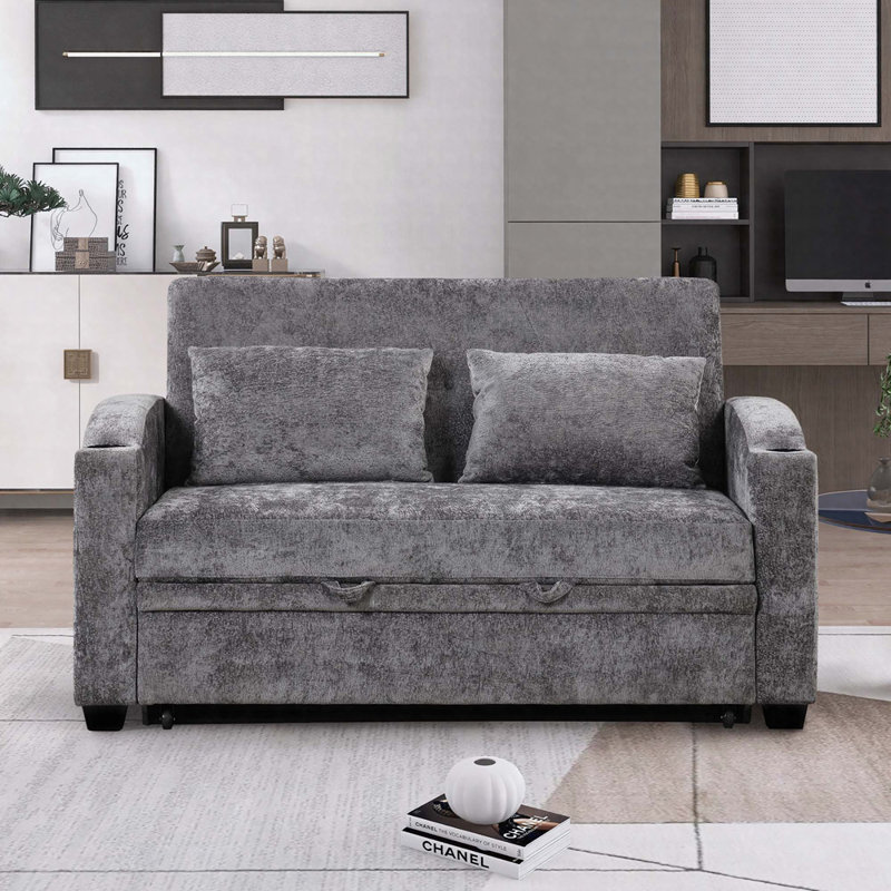 Canapé-lit convertible en chenille de 61,6 po avec dossier réglable, 2 coussins, porte-gobelets et ports USB, Gris