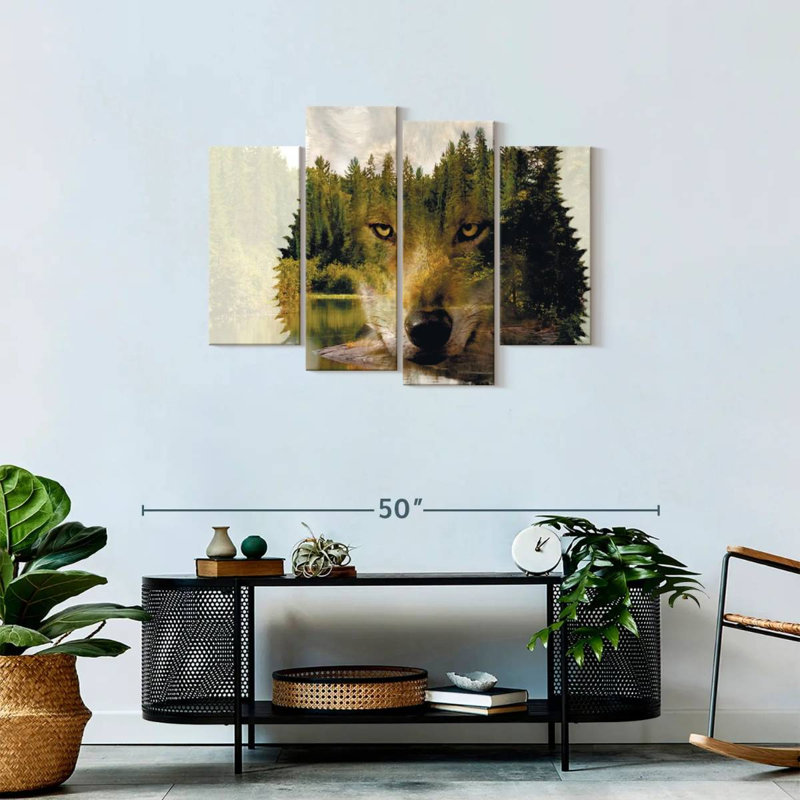 Loup, forêt abstraite, loup sur toile, 4 pièces, H 27 po x l 43 po x P 1 po