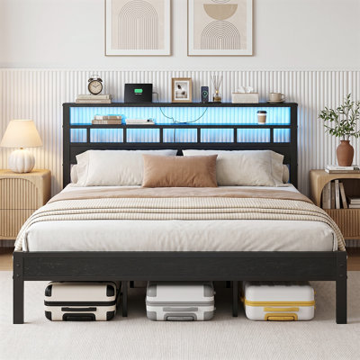 Bed Frame Industrial Platform Bed With Charging Station & LED Lights