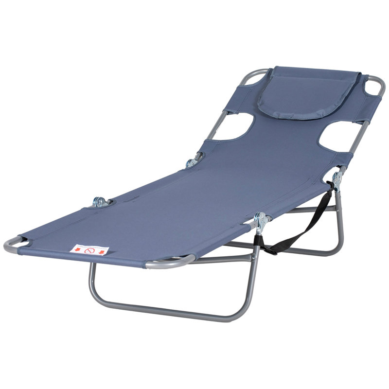 Outsunny Folding Beach Lounge Chair With Face Hole And Arm Slots, 5-Level Adjustable Sun Lounger Tanning Chair With Pillow For Patio, Garden, Beach, Pool