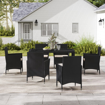 7-piece Rectangular Wicker/rattan Outdoor Dining Set With Cushions And Tempered Glass Top