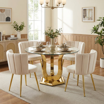 47.2" Round Glass Dining Table Set For 4, 5-Piece Modern Dining Set With Tempered Glass Table & Velvet Metal Chairs, For Small Space Apartment Dining Room
