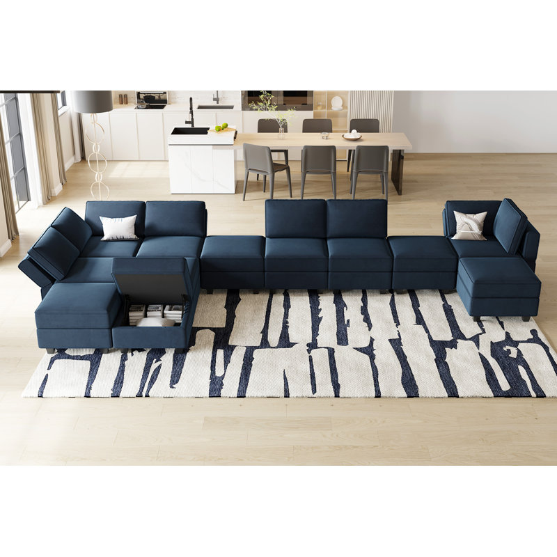 Wylodene 9-Piece Reversible Modular and Standard Velvet Sectional with Storage, Blue Velvet