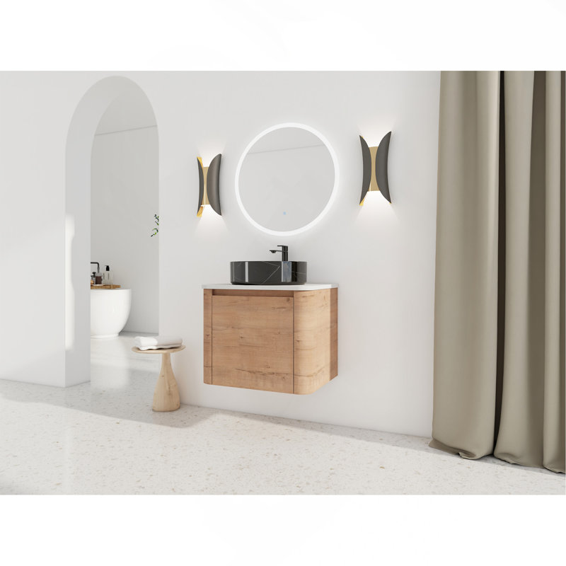 Meuble-lavabo mural 24 po avec lavabo d'art en céramique et 1 porte à fermeture en douceur, contreplaqué, Brown