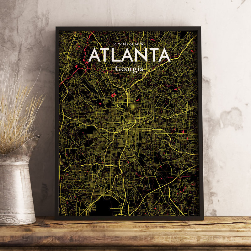 « atlanta city map », reproduction d’impression sur affiche en contraste, H 24 po x l 18 po x P 0,05 po