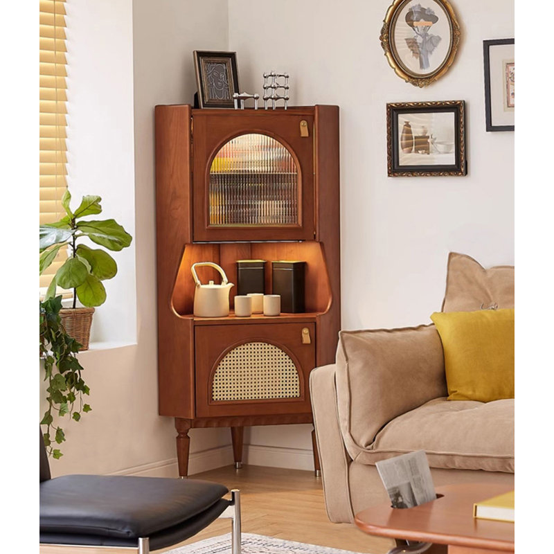 Buffet rétro, armoire triangulaire en rotin de bois massif rustique